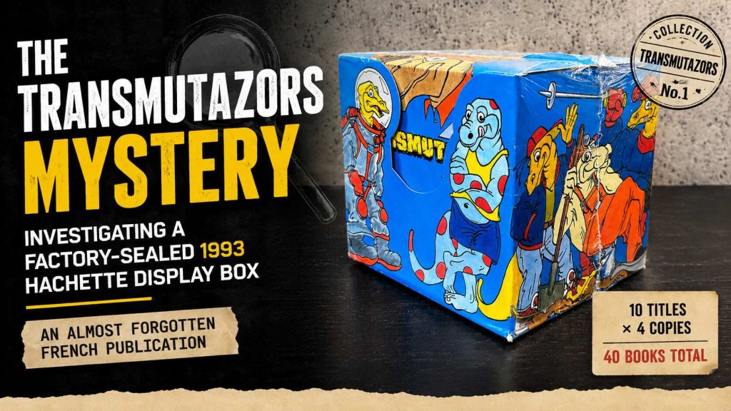 Factory-sealed 1993 Hachette Transmutazors display box listing ten French educational book titles